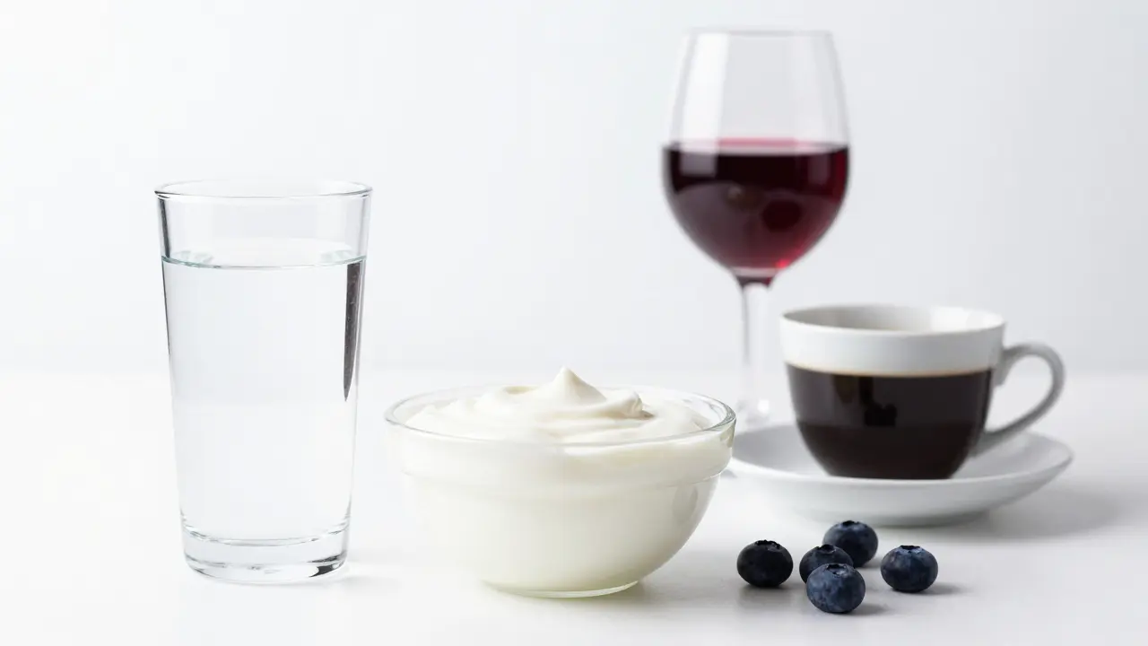 Koncept bílé diety: bílé potraviny v kontrastu s červeným vínem a kávou.