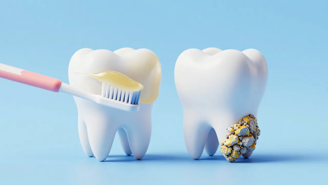 Konceptuální ilustrace znázorňující rozdíl mezi zubním plakem a zubním kamenem.