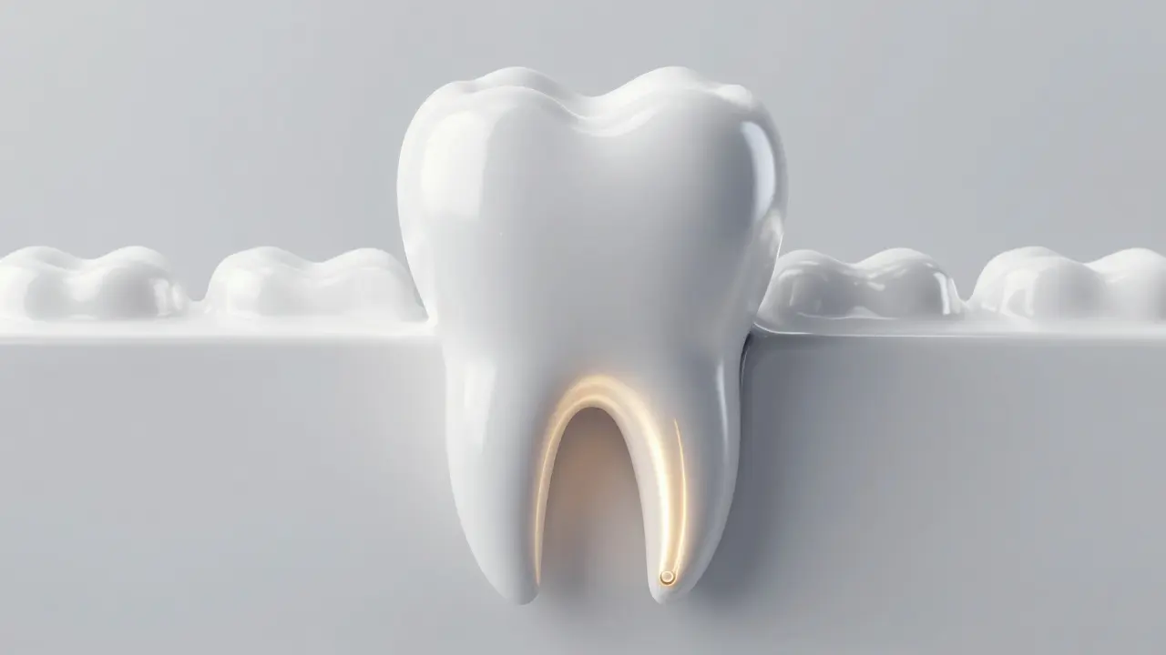 Konceptuální zobrazení léčby kořenového kanálku s anebem zlatého světla v kořeni.