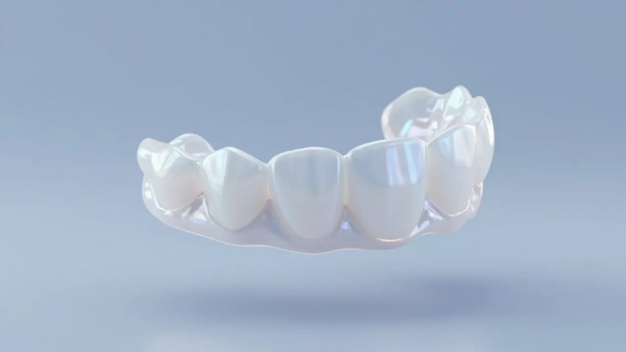 Konceptuální zobrazení průsvitné porcelánové fazety před zubem.