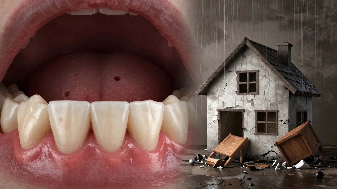 Konceptuální zobrazení zánětu zadních zubů a metafora zničení opory.