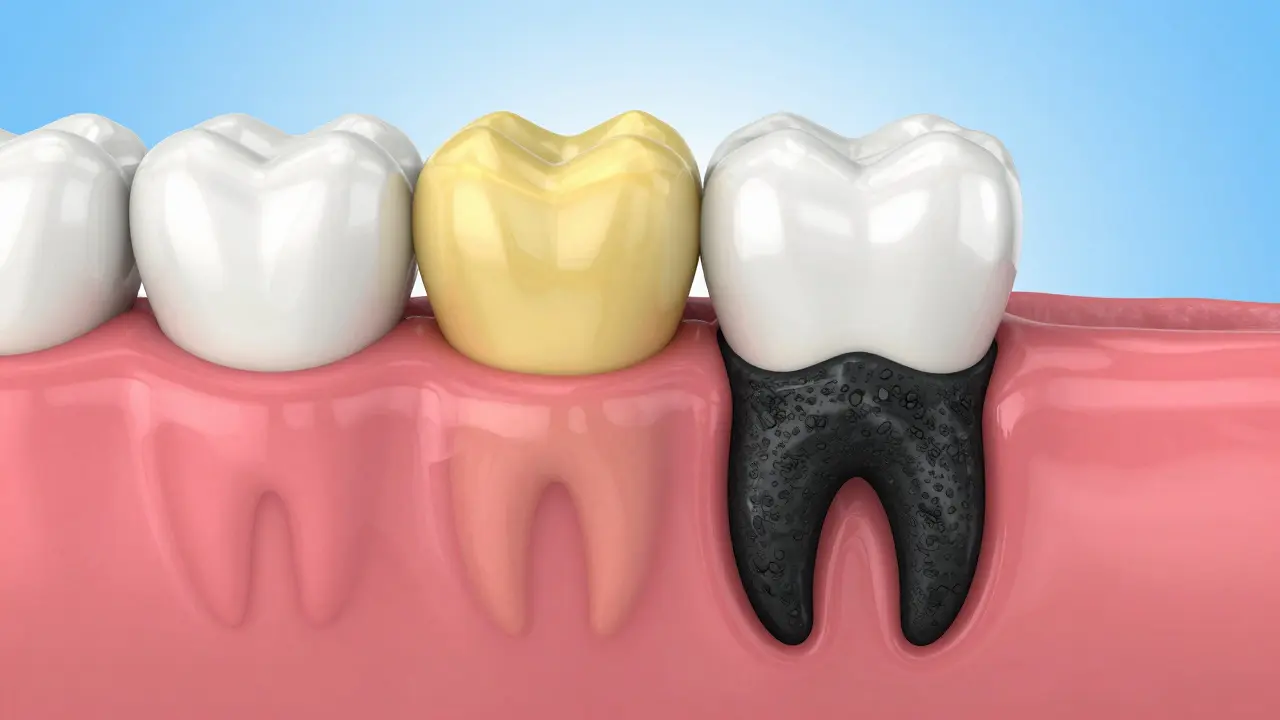 Kresba ukazující rozdíl mezi žlutým kamenem nad dásní a černým pod dásní