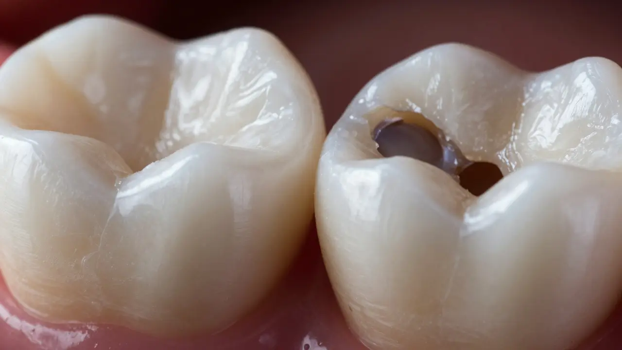 Makro detail mezizubního kazu v místě kontaktu dvou sousedních zubů.