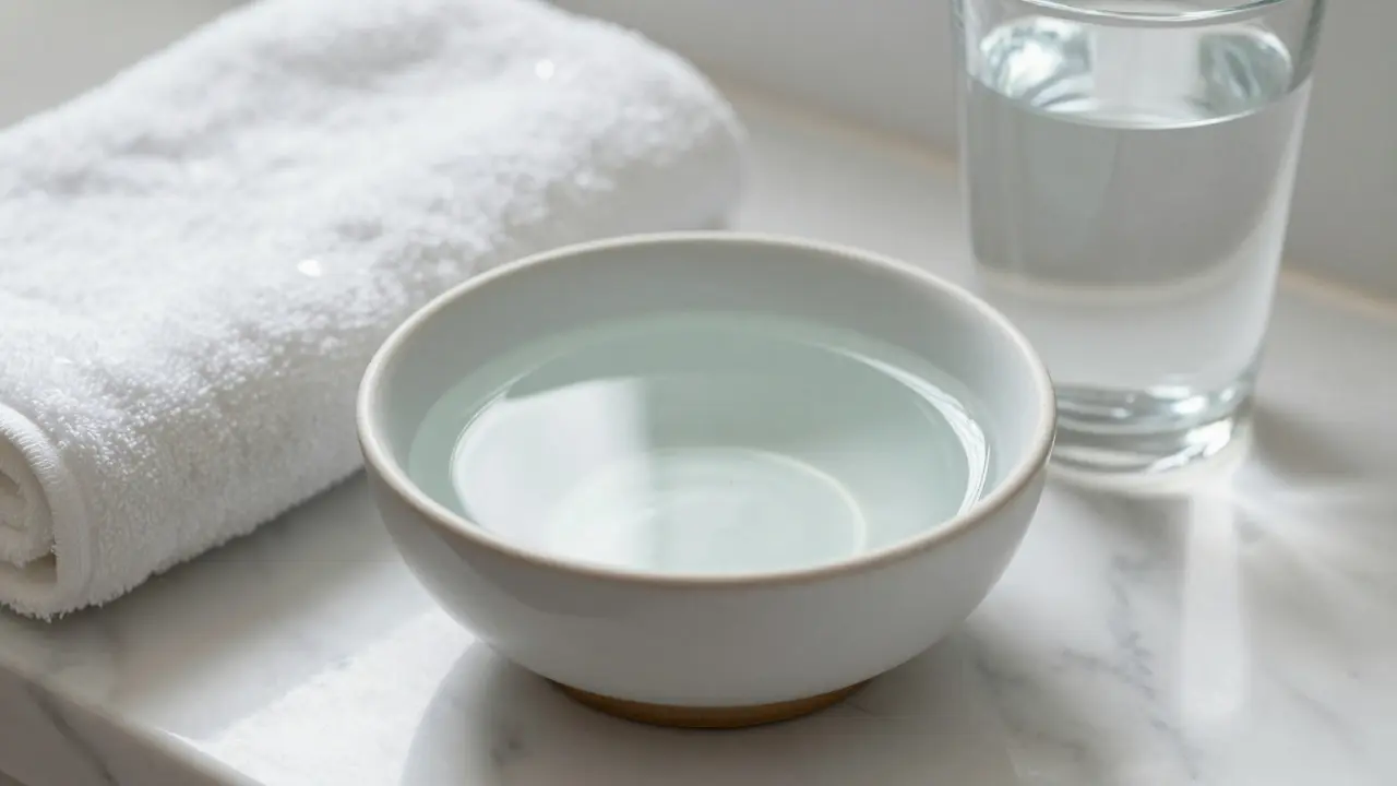 Miska s vyplachovacím roztokem a voda na koupelnové vanitce.