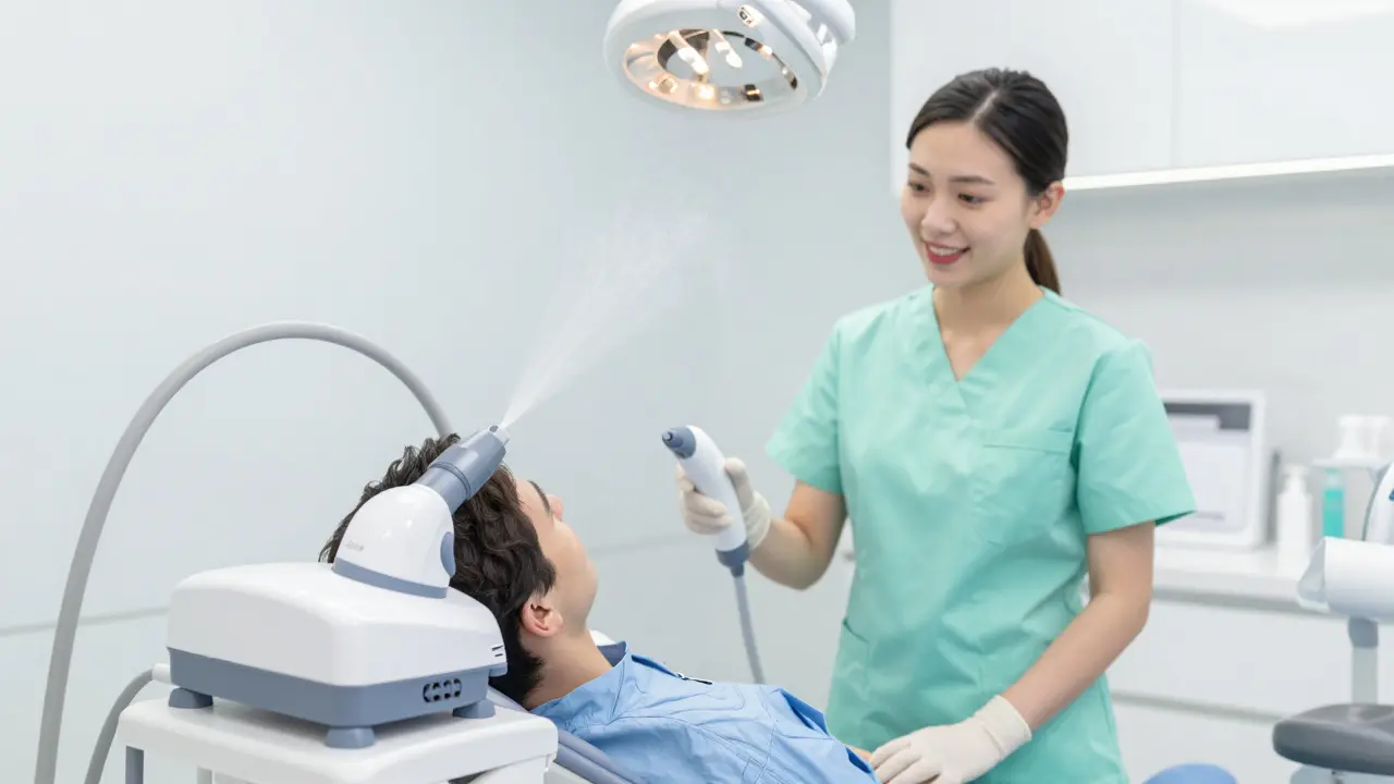 Moderní zubní ordinace s přístrojem na šetrné pískování zubů metodou AirFlow.