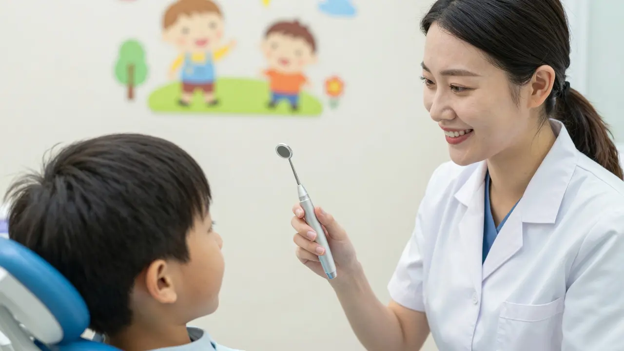 Přátelská dentální hygienistka v barevné ordinaci s malým dítětem.