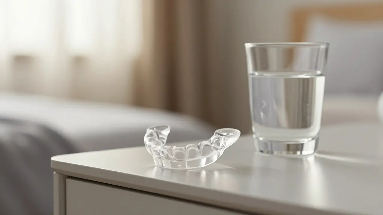 Průhledná noční šina nazuby na nočním stolku v ranním světle.