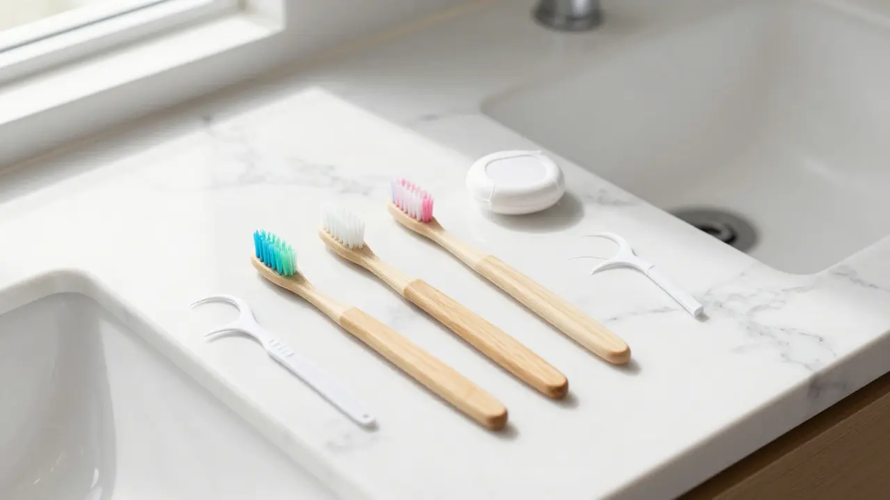 Sada mezizubních kartáčků a dentální nit na bílém mramorovém povrchu.