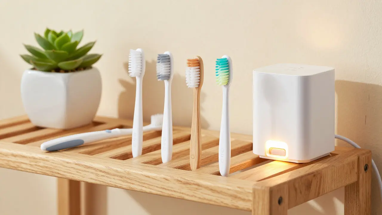 Sada náhradních hlaviček a nabíjecí základna kartáčku na dřevené polici.