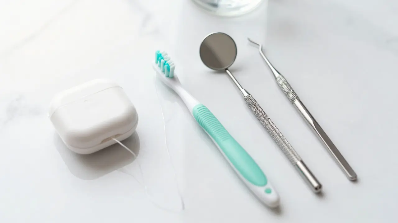 Sada pomůcek pro prevenci, včetně mezizubního kartáčku a dentální niti.