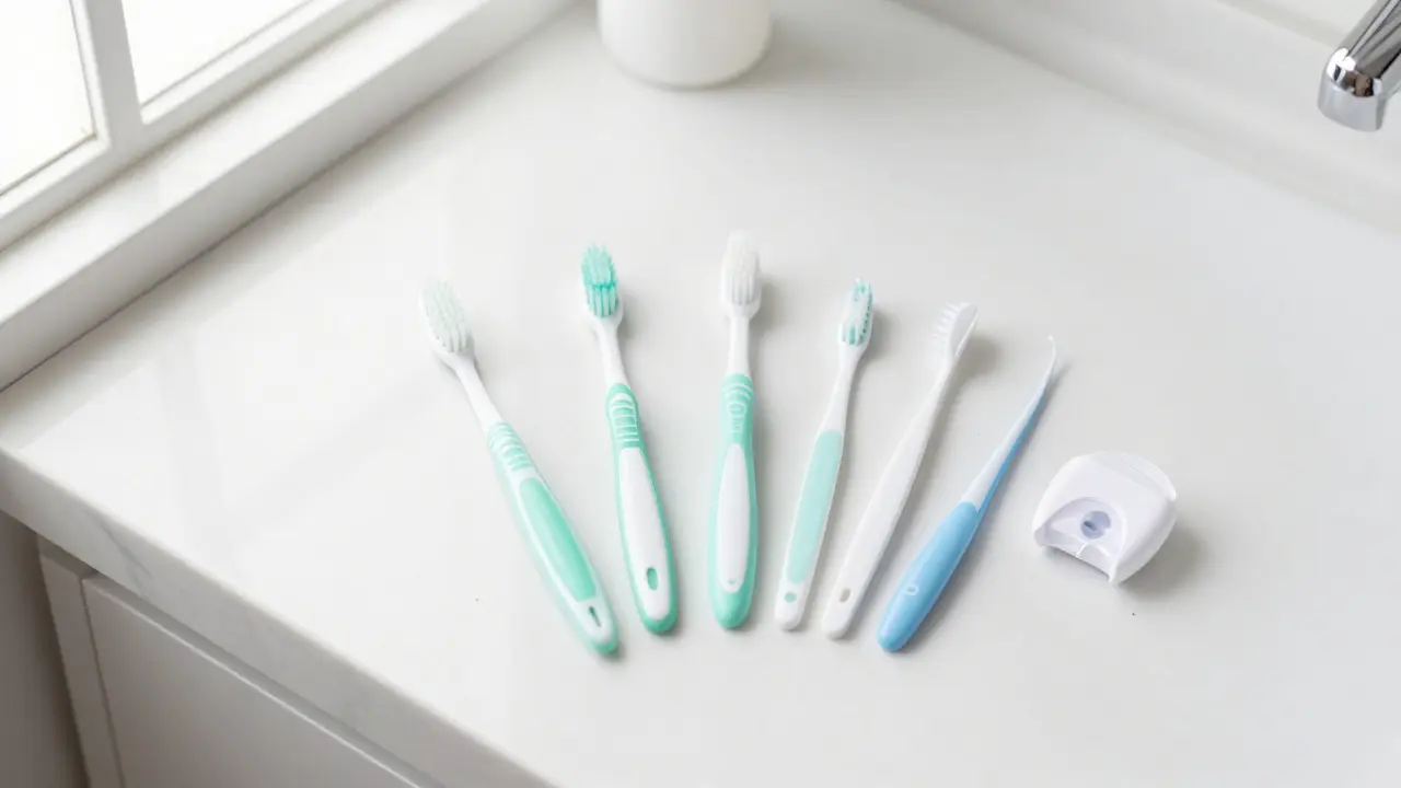 Sada pro dentální hygienu zahrnující kartáček a mezizubní pomůcky.