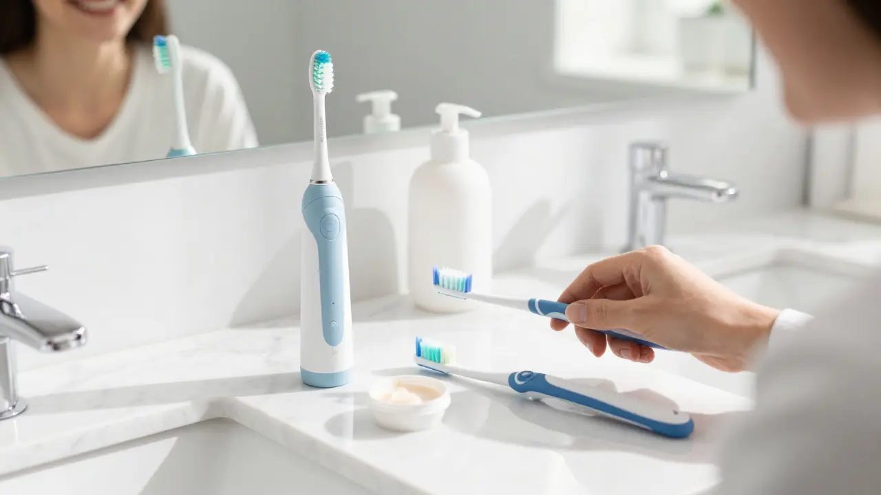 Sada pro hygienu zubů se sonickým kartáčkem a ortodontickým voskem.