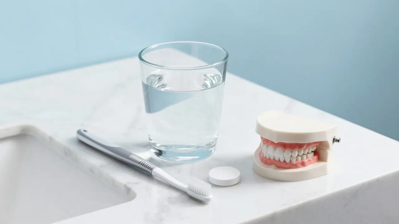 Sada pro péči o nasazovací zuby s kartáčkem a čistící tabletou v glassu.