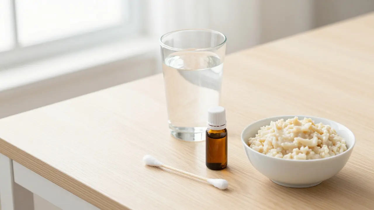 Sada pro rekonvalescenci: sůlový roztok, hřebíčkový olej a měkké jídlo.