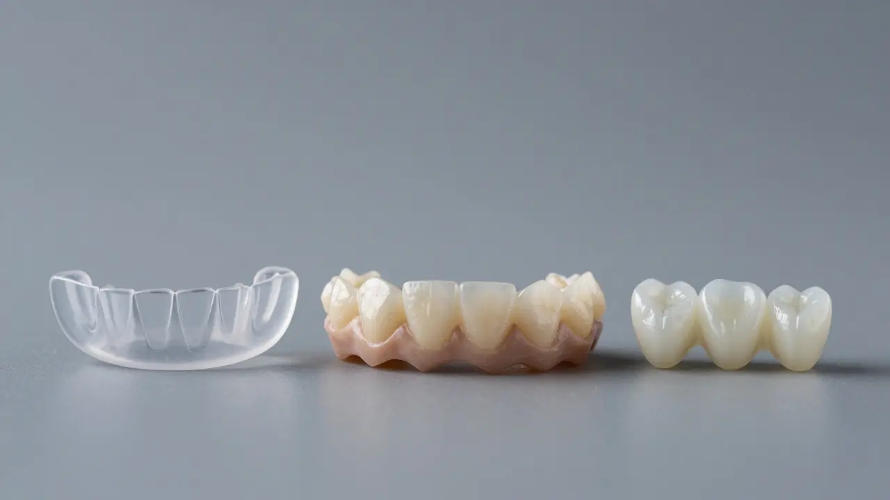 Srovnání různých typů nasazovacích zubů od plastových po keramické.