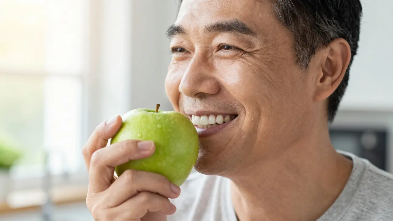 Šťastný člověk s obnoveným úsměvem kousající do zeleného jablka.