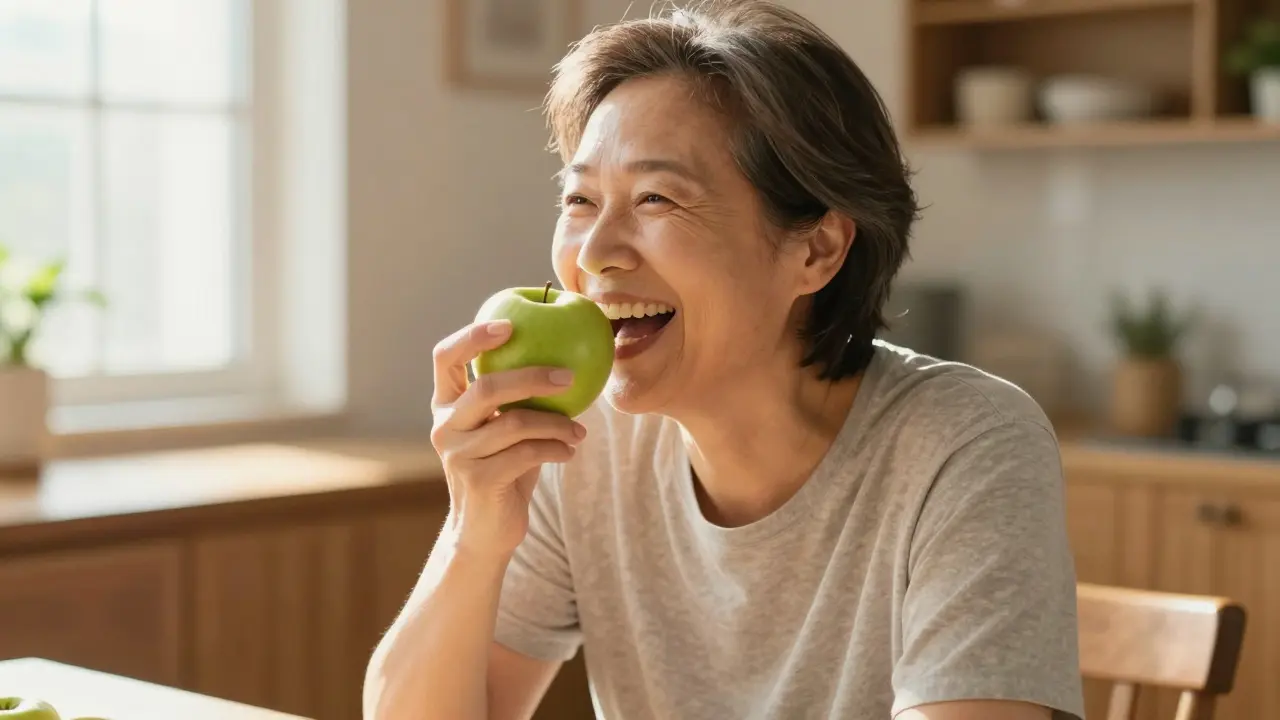 Šťastný člověk s přirozeným úsměvem kousající do zeleného jablka.