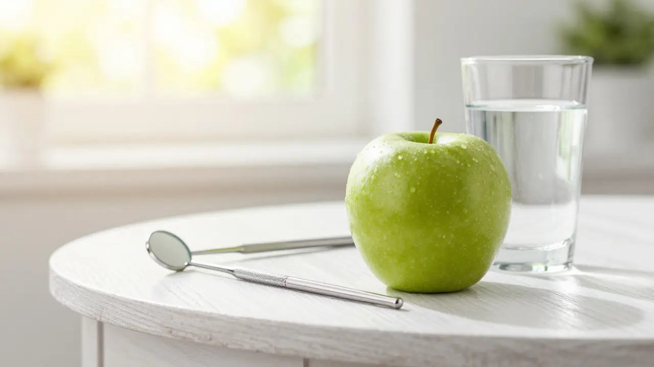 Stylové zdjęcie jablka a zubní zrcadla symbolizující prevenci a zdraví.