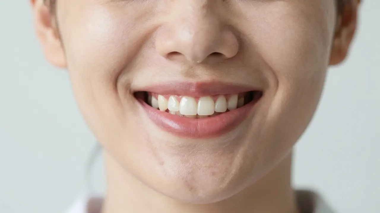 Úsměv pacienta s zdravými dásni a úspěšně zahojeným implantátem.