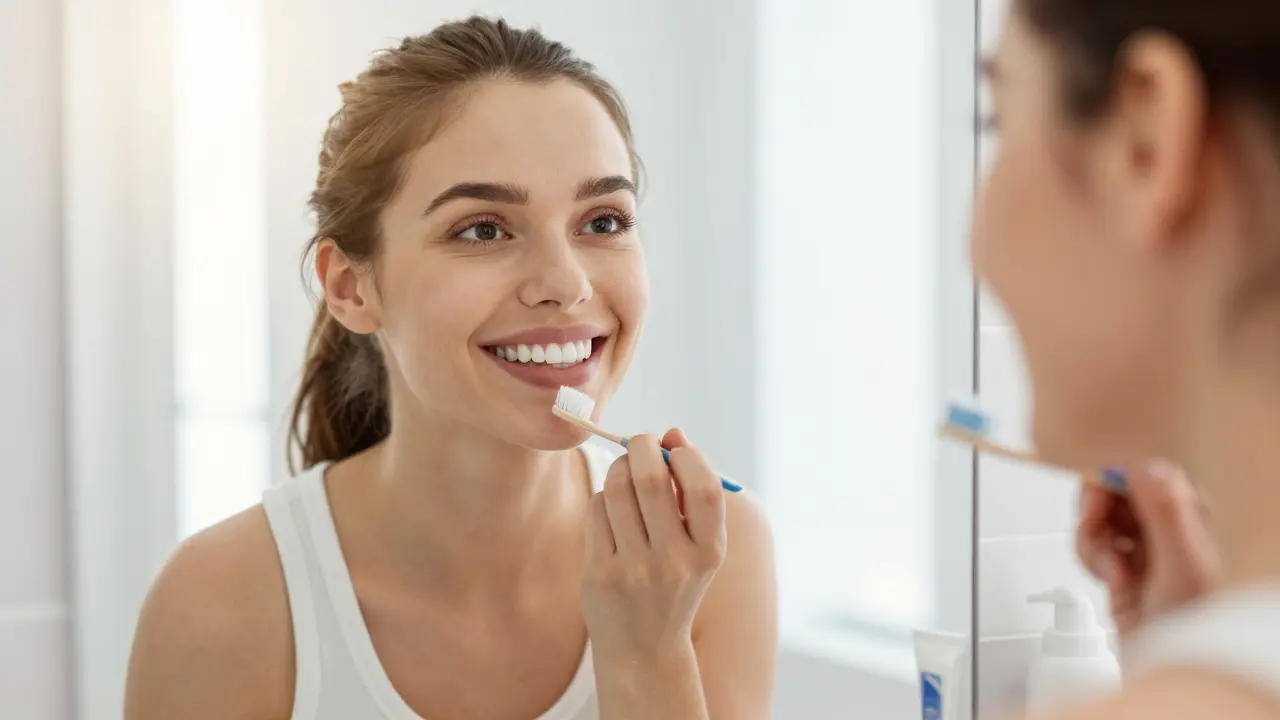 Zavřený úsměv s perfektně bílými zuby odražený v koupelnovém zrcadle.