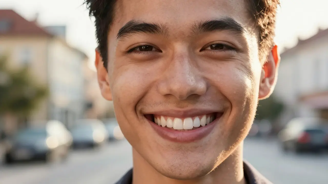 Žena s perfektním, přirozeným úsměvem po aplikaci porcelánových faset.