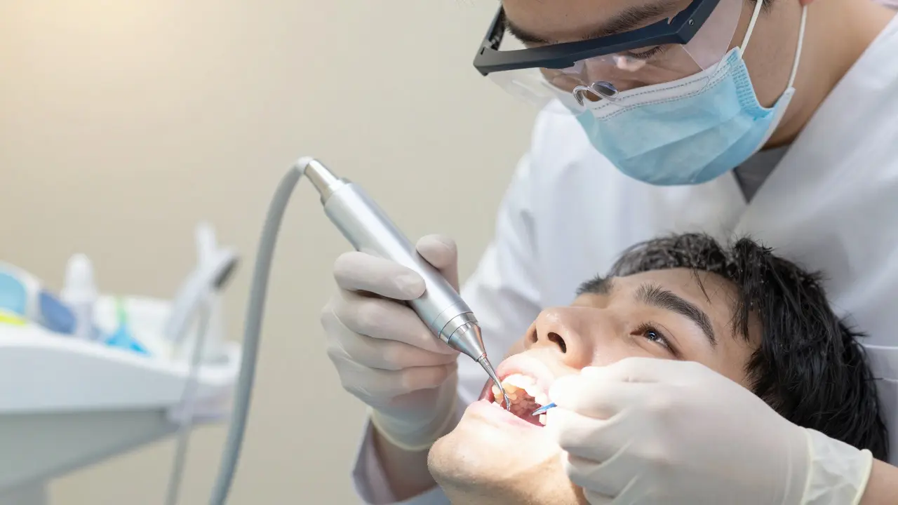 Dentální hygienistka používající ultrazvukovou špachtli na čištění