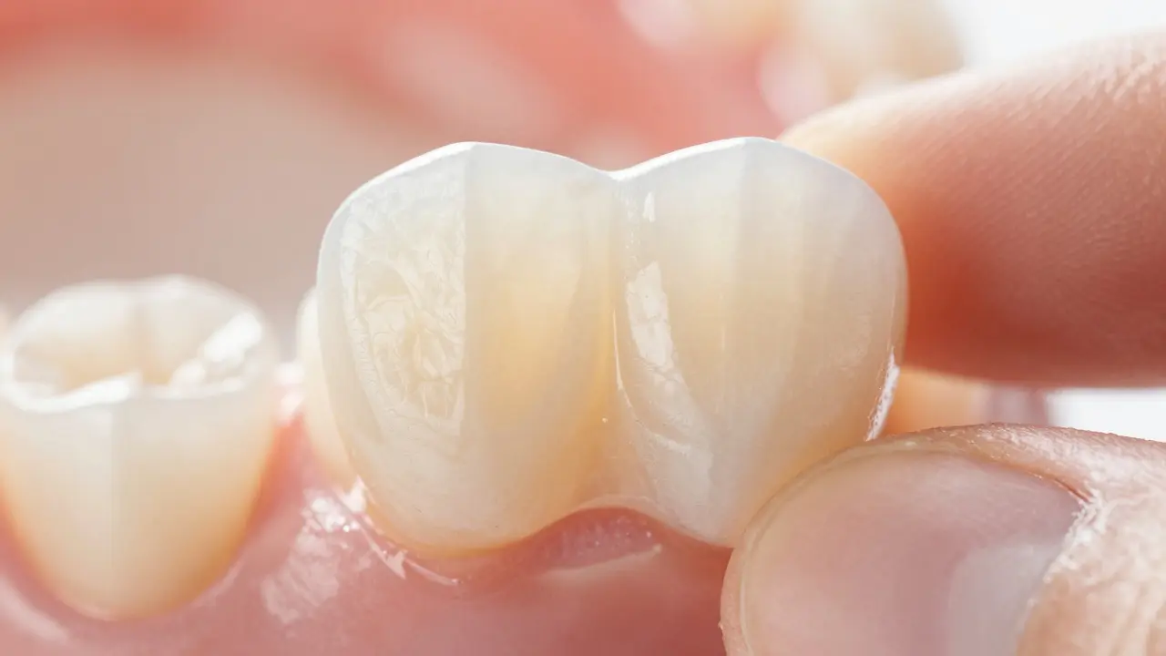 Detailní záběr průsvitné keramické fazety imitující přírodní zub
