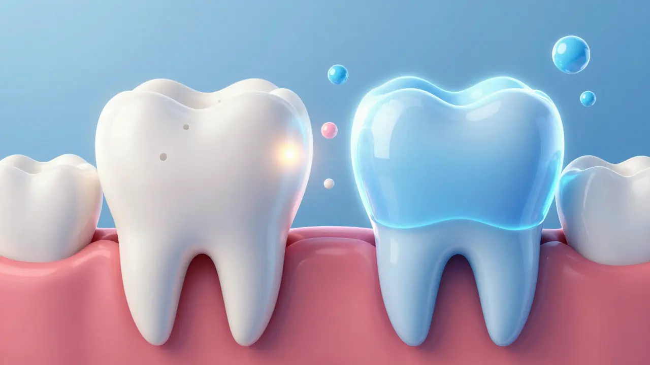 Ilustrace ochrany zubní skloviny fluoridem