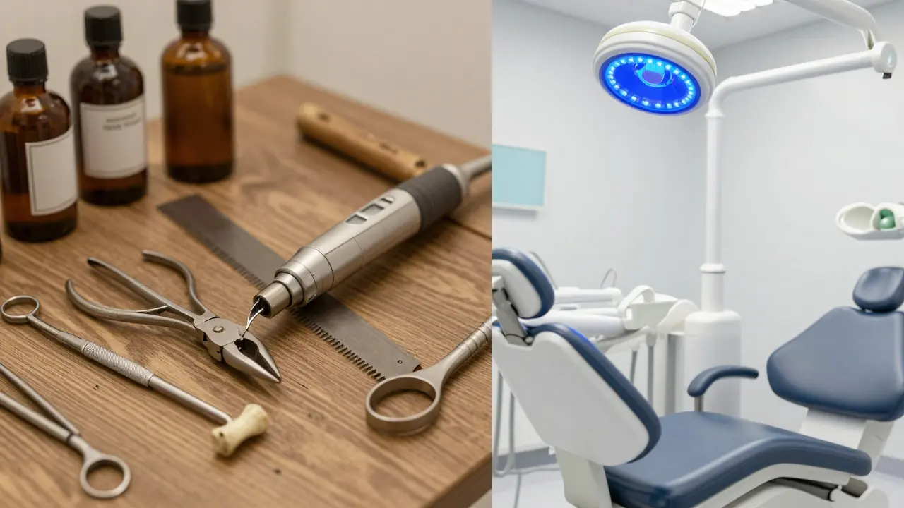 Kontrast mezi starými nehygienickými nástroji a moderní sterilní stomatologií