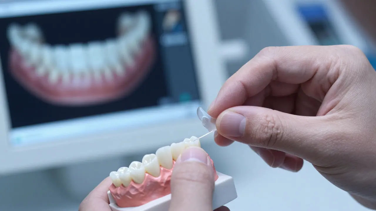Technik vkládá keramickou vložku na model zubu v laboratoři