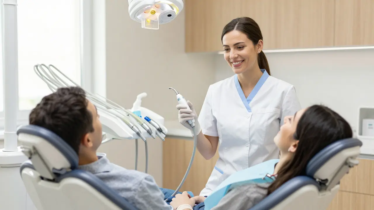 Úsměv hygienisty u pacienta v moderní ordinaci připravené na bezpečné pískování.