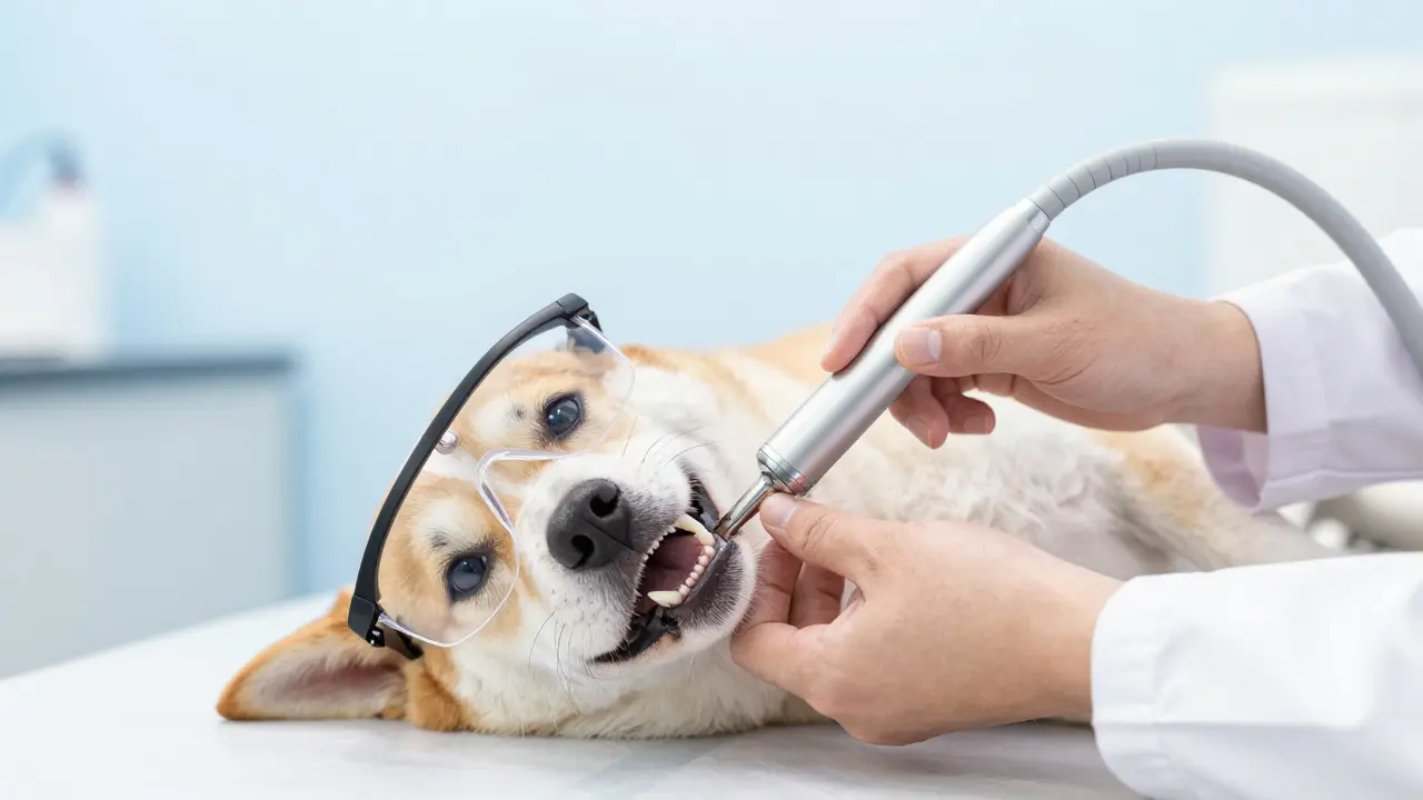 Veterinář čistí zuby psu ultrazvukovým škrabkou při prohlídce