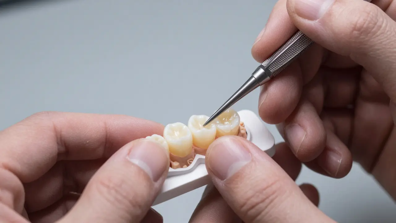 Zubní technik pečlivě upravuje keramickou korunku v laboratoři.