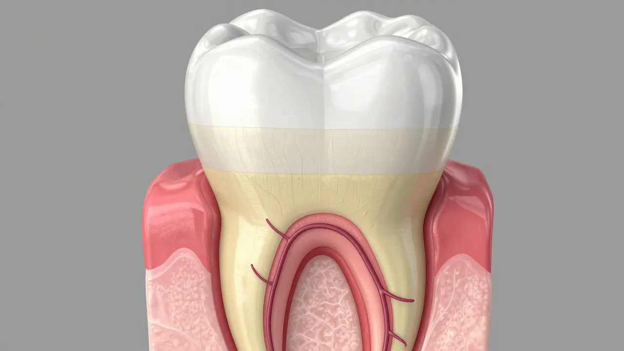 Detailní průřez zubem ukazující sklovinu, dentin a nervovou pulpu.