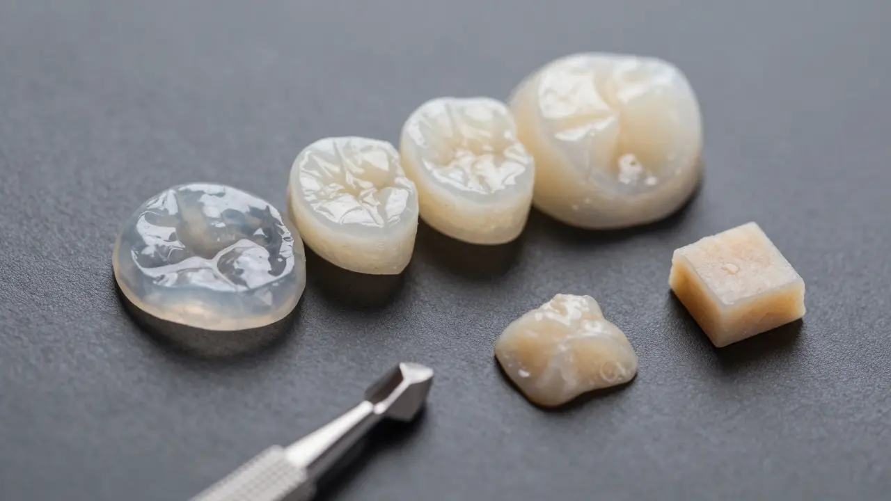 Detailní záběr na různé materiály pro zubní fazety a brousek.