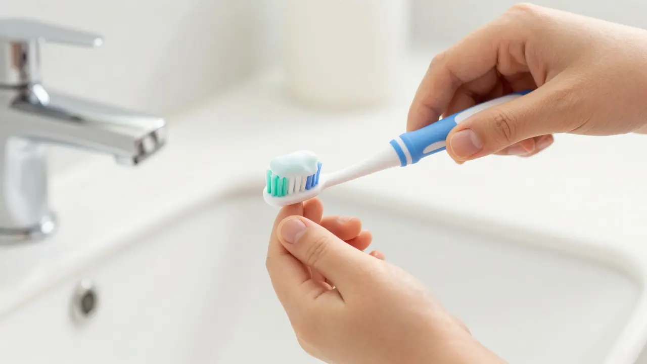 Dítě drží dětský zubní kartáček Curaprox s pastou