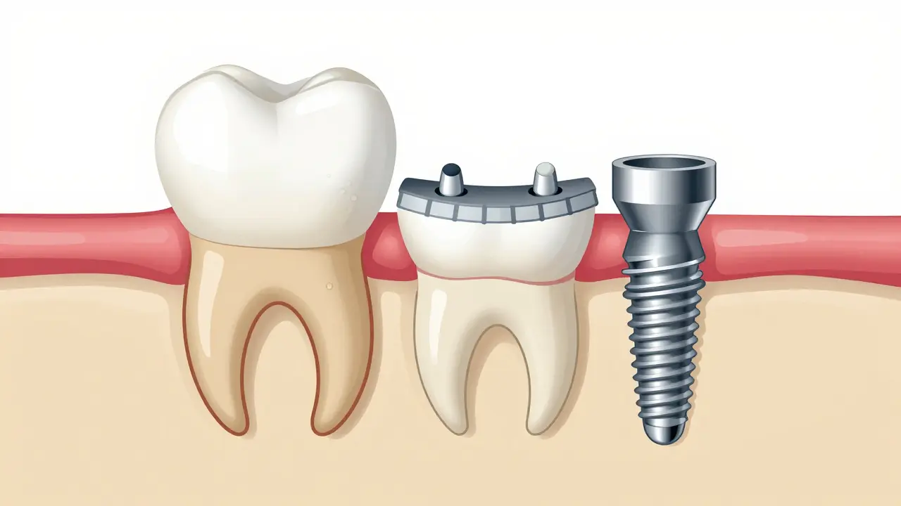 Schéma srovnání adhezivního můstku a zubního implantátu