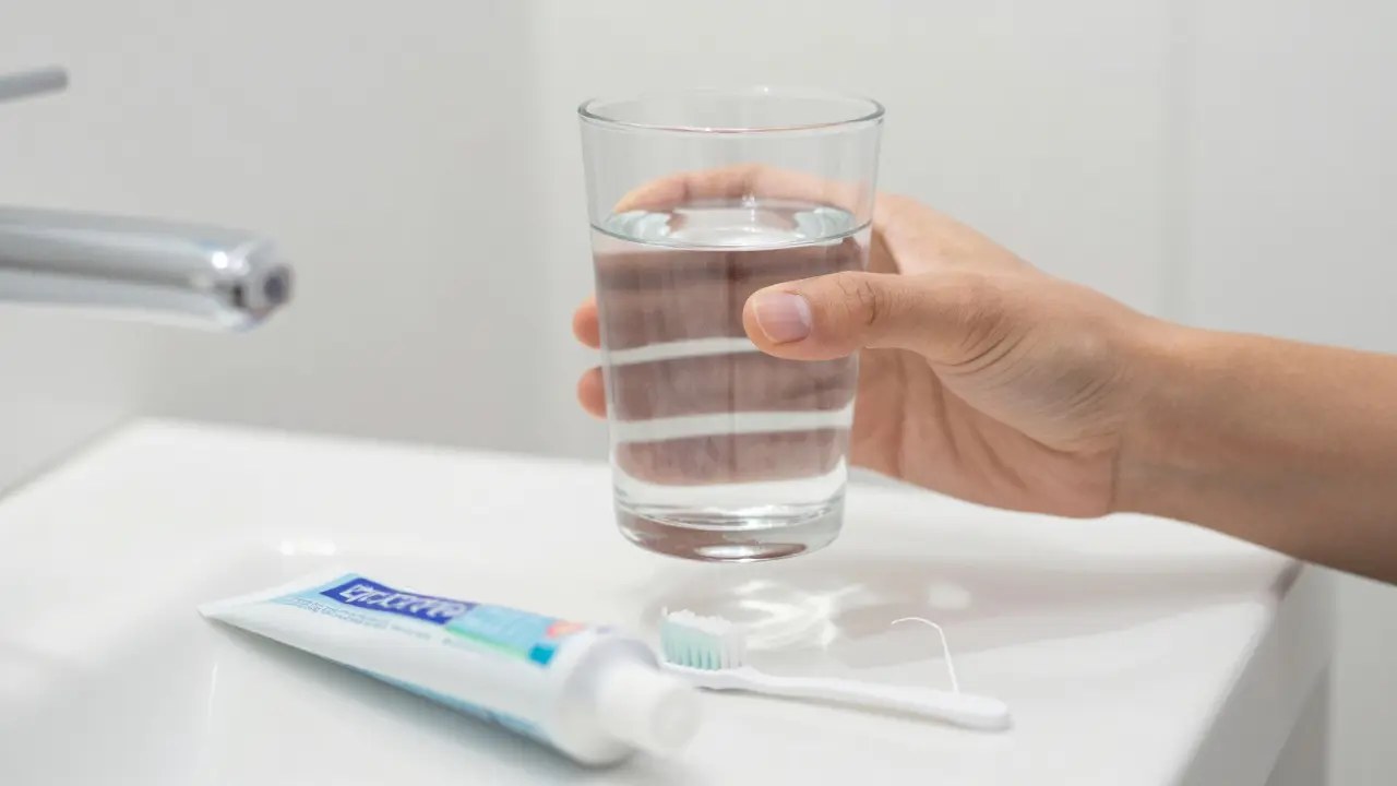 Sklenice vody a zubní hygiena jako symbol prevence zubního kazu