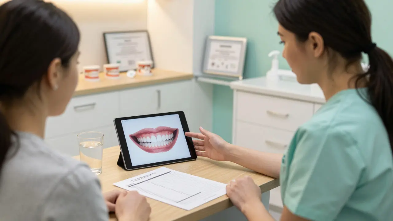 Hygienička konzultuje plán úsměvu s pacientem v ordinaci