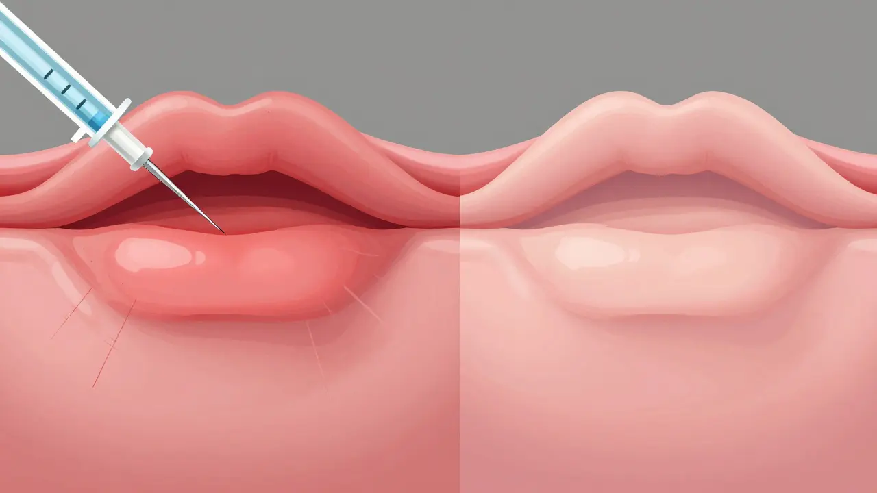 Ilustrace hojení tkáně rtů po aplikaci výplní