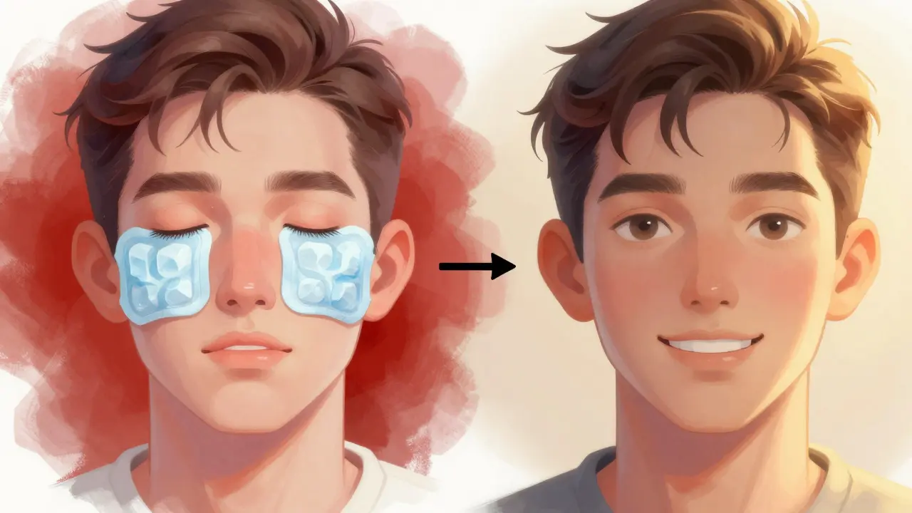 Ilustrace ukazuje fáze hojení: chladné obklady proti otoku a následné uzdravení