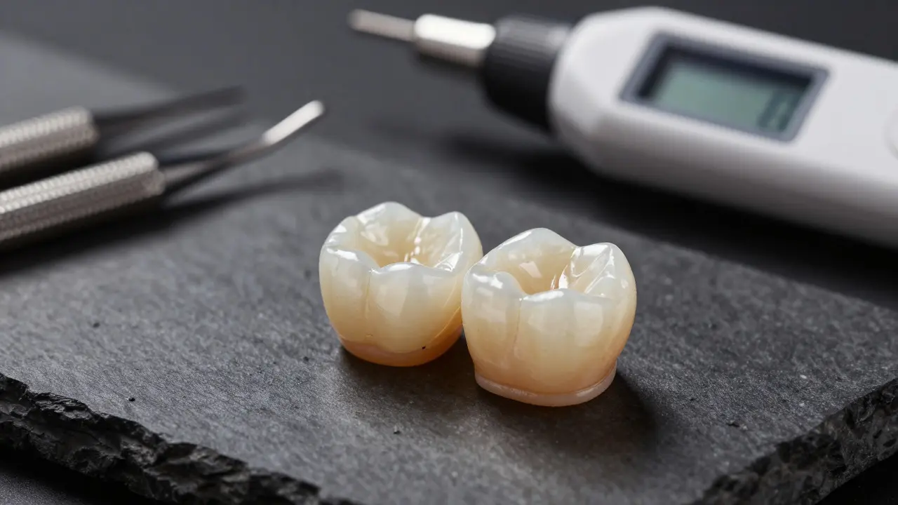 Keramický onlay vedle přirozeného zuba pro estetickou obnovu