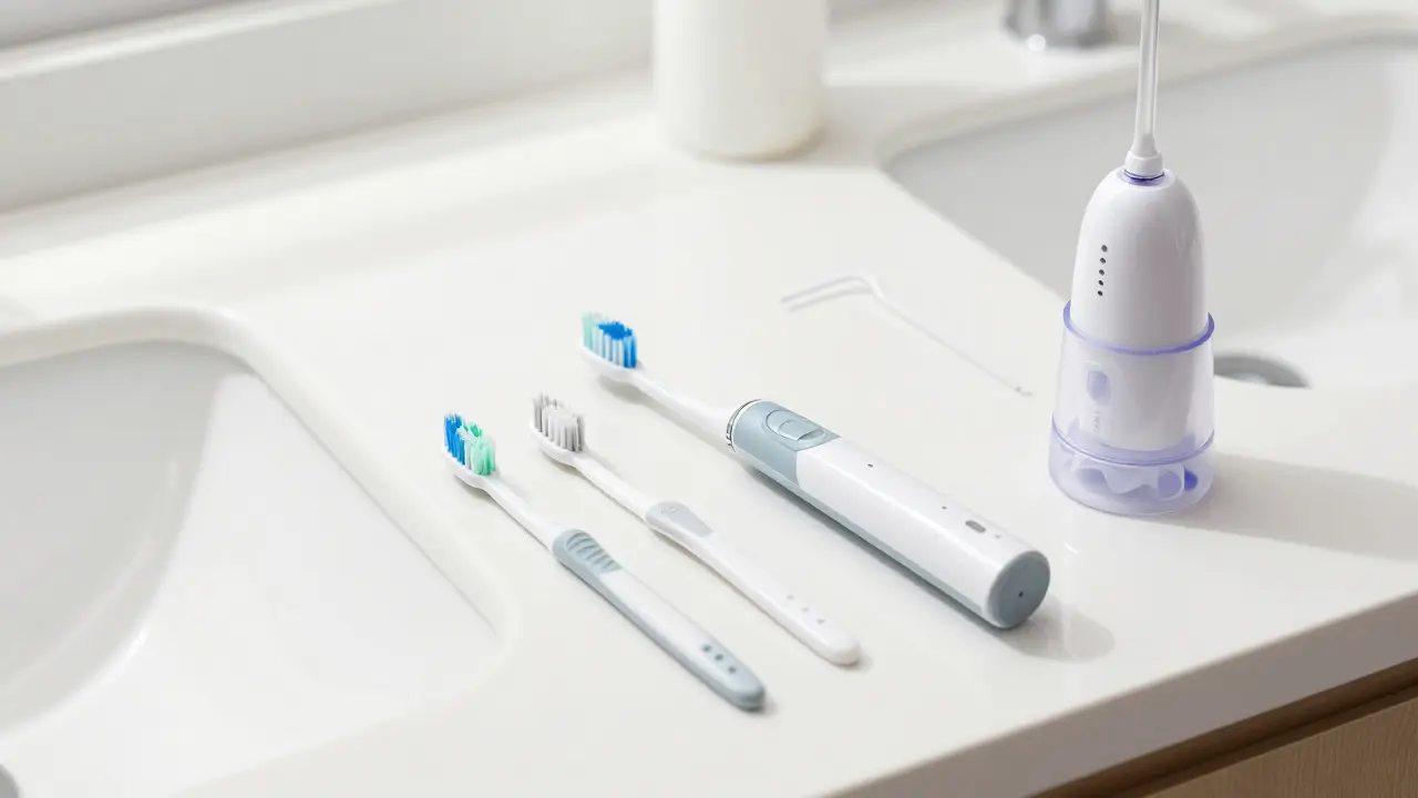 Nástroje pro domácí ústní hygienu na stole