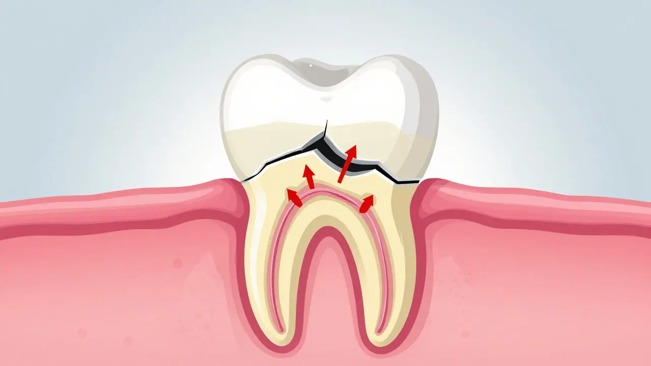 Schéma zobrazené sklovině a dentinu s rizikem infekce nervu