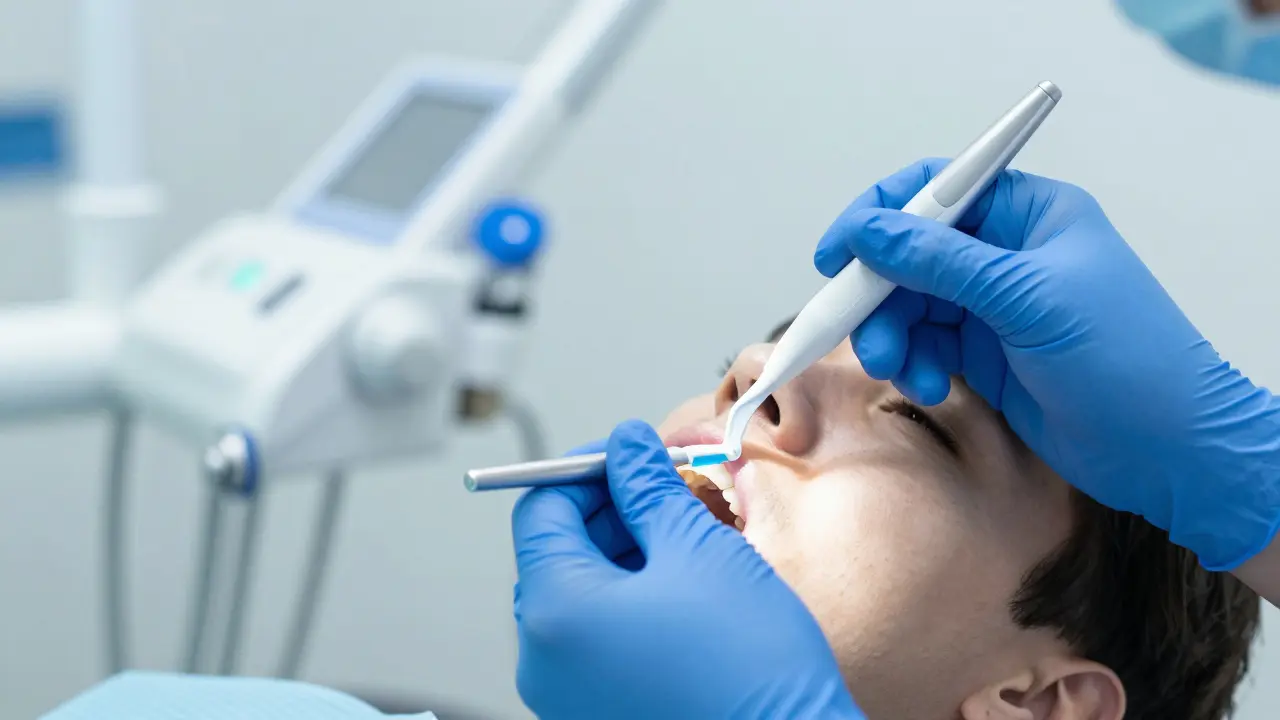 Zubař nanáší fluoridový gel na zuby pacienta v ordinaci