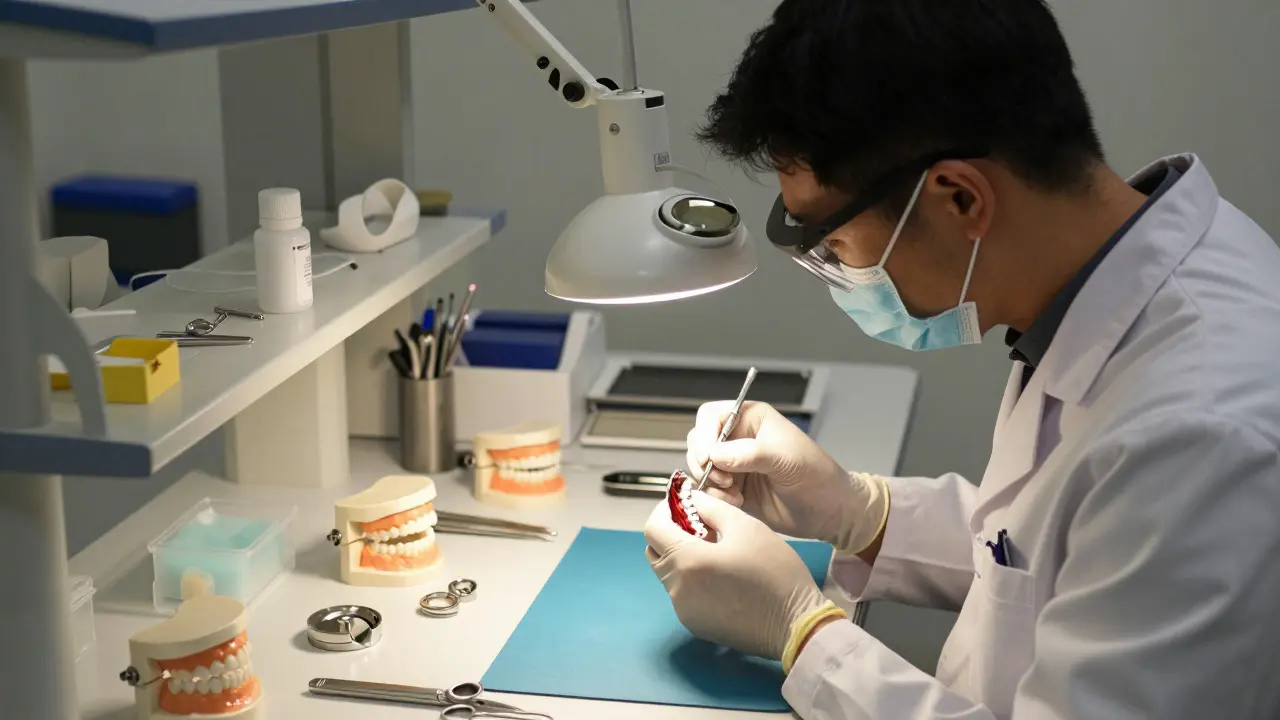 Zubní technik opravuje kovový rám protéz v laboratoři