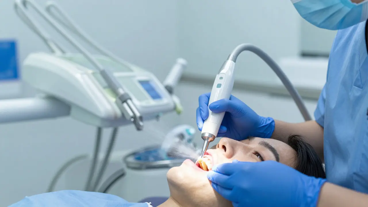 Dentální hygienista odstraňuje zubní kámen pomocí ultrazvukového skaléru
