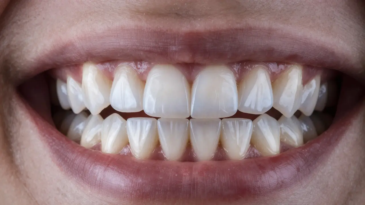Detailní pohled na přední zuby s lesklými keramickými fasetami pro estetickou obnovu.