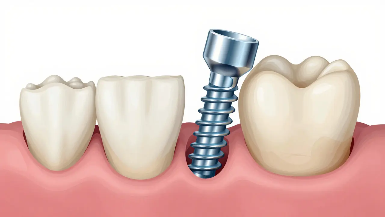 Ilustrace ukazuje titánový implantát integrovaný do čelistní kosti