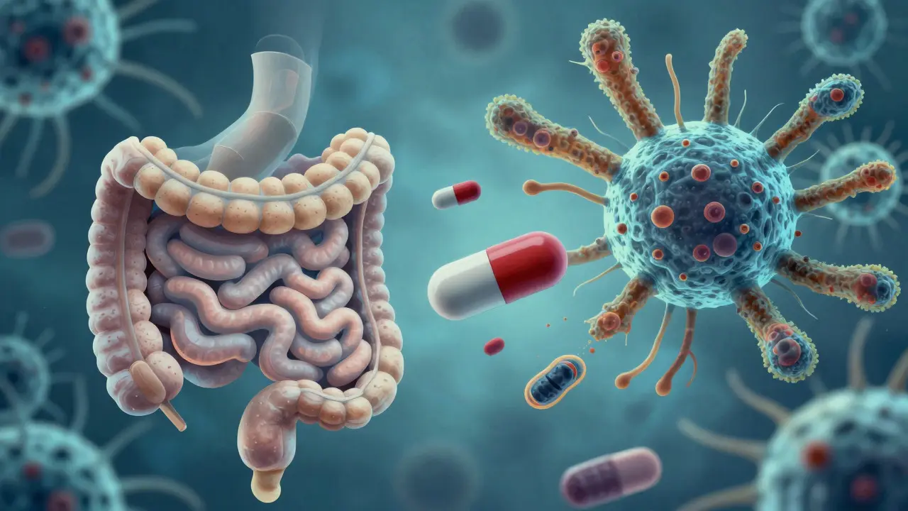Ilustrace znázorňující narušení střevní mikroflóry a vznik rezistence na antibiotika